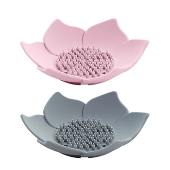 

2x Draining Soap Dish Soap Box Plate Lotus Shape Silicone Box Holder Portable Soap Dishes Pink & Gray