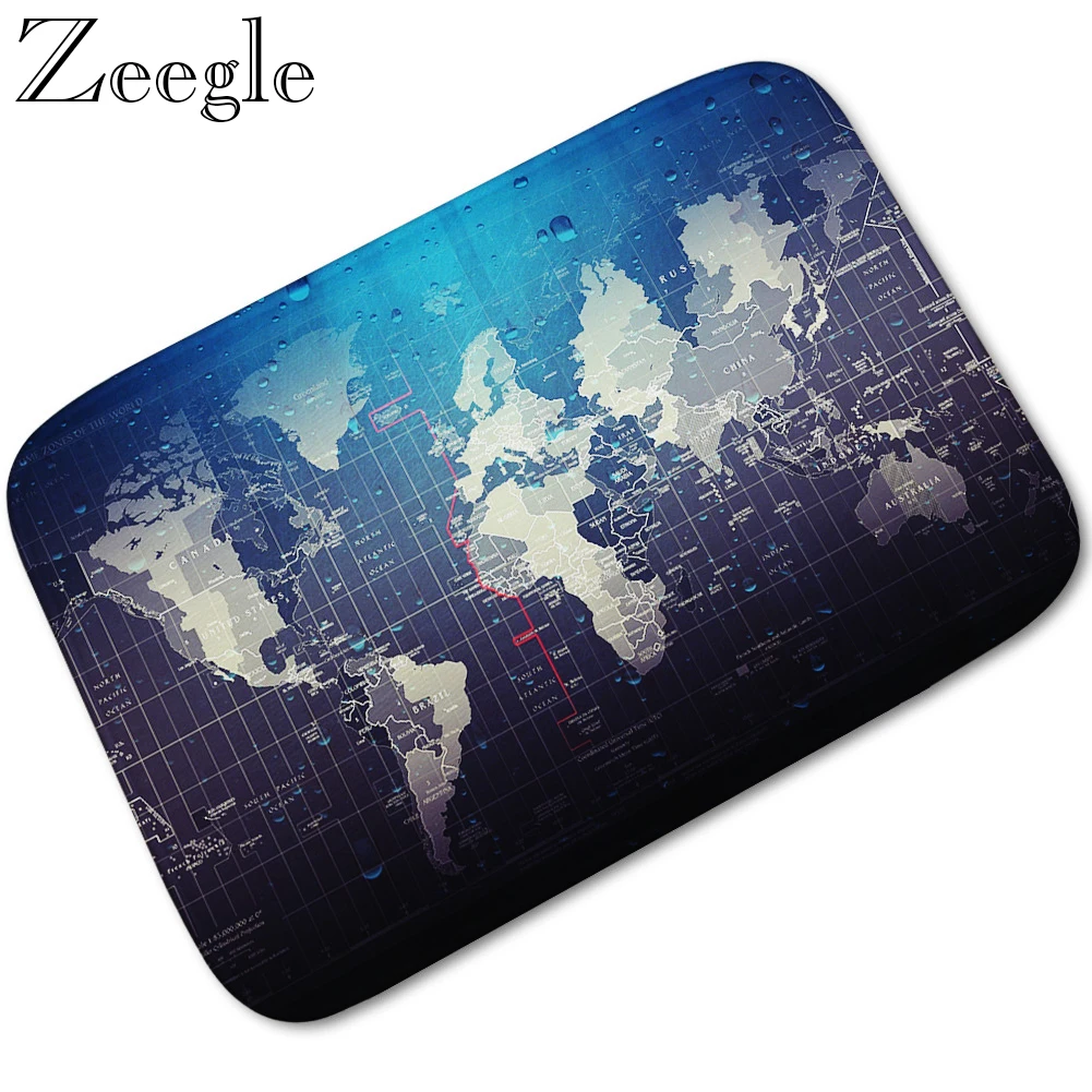 Zeegle World Map Printed Floor Mat Doormat Funny Flannel Living Room Carpet Washable Bathroom Rug Anti Slip Outdoor Carpet