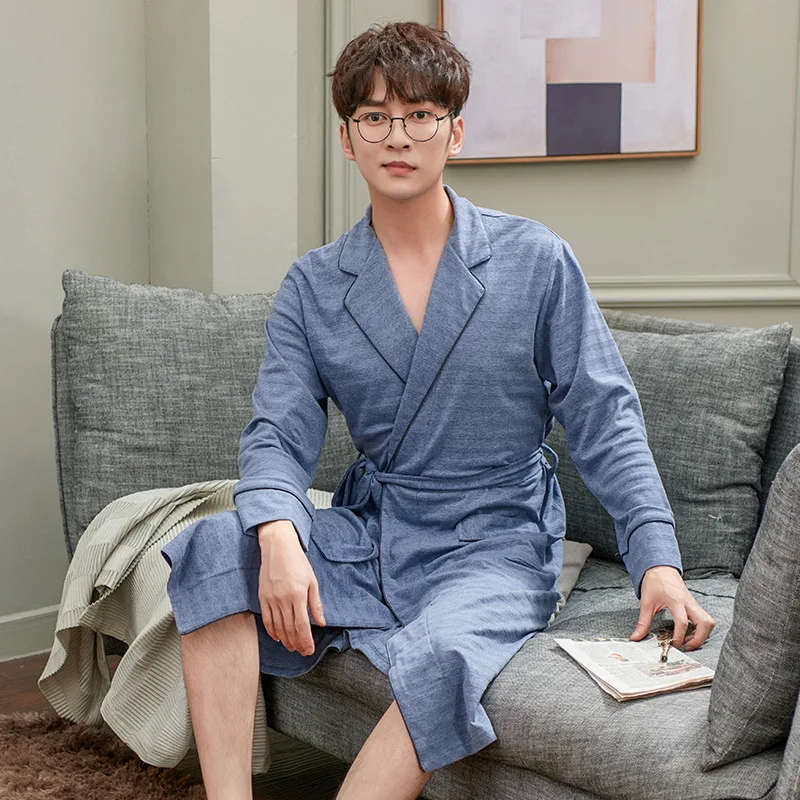 

Japanese Style Robe Men's Summer Thin Section Long Sleeve Large Size Pure Cotton One-piece Men Pajamas Spring And Autumn Long Ba