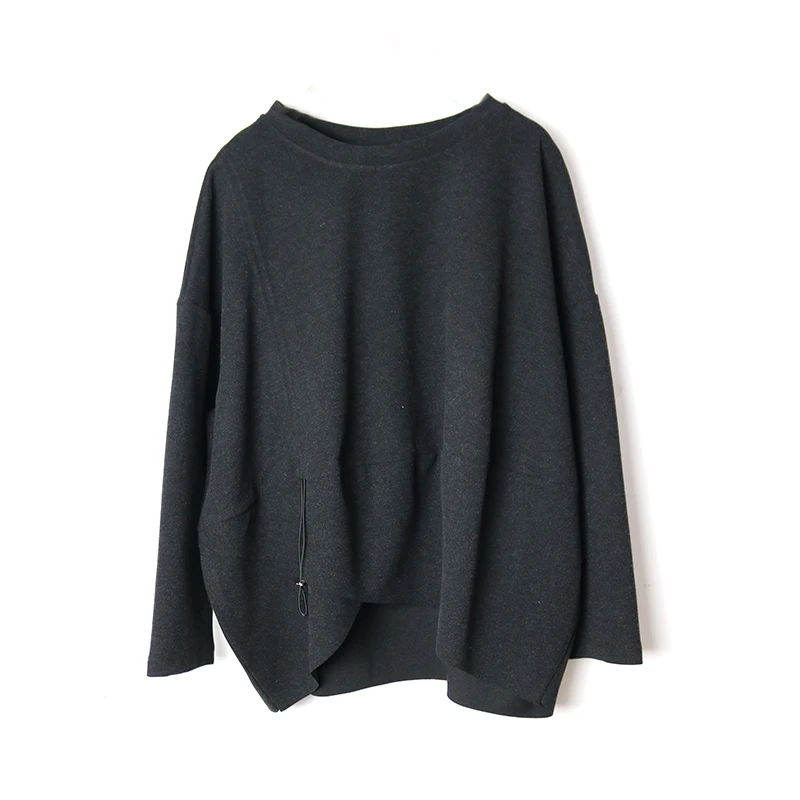 

2020 Autumn Winter Black Asymmetric Sweatshirt O-neck Full Sleeve Casual Solid Color Drawstring Irregular Hem Streetshirt