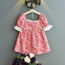 Robe d'été pour filles, tenue de princesse à manches courtes, avec coutures en dentelle, motif Floral, vêtements pour enfants 