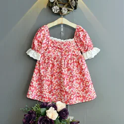 Vestido de verão para meninas, vestido retro de princesa estampa pastoral, manga curta, vestido de renda costurado, roupa infantil de princesa