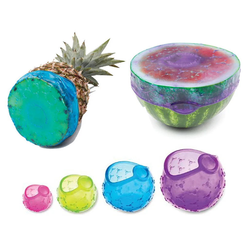 

Silicon Lids Cover Food Cling stretch Film Zero Waste Reusable 4 Pcs Fruit Bowls Cups Saver Stretch de silicona para alimentos 2