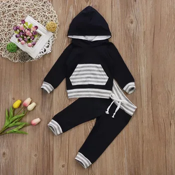 

2020 Autumn Newborn Baby Boys Set Striped Printed Long Sleeve Hooded Sweatshirt+Long Pants 2pcs Infant Boys Clothing Outfits D30