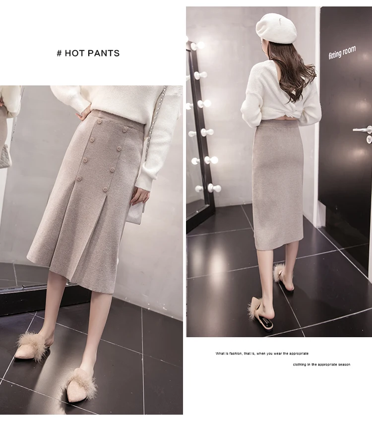 High Waist Stretch Knitted Skirt Women Elegant Double breasted Straight Long Skirts Female Autumn Winter Vintage Pleated Skirt