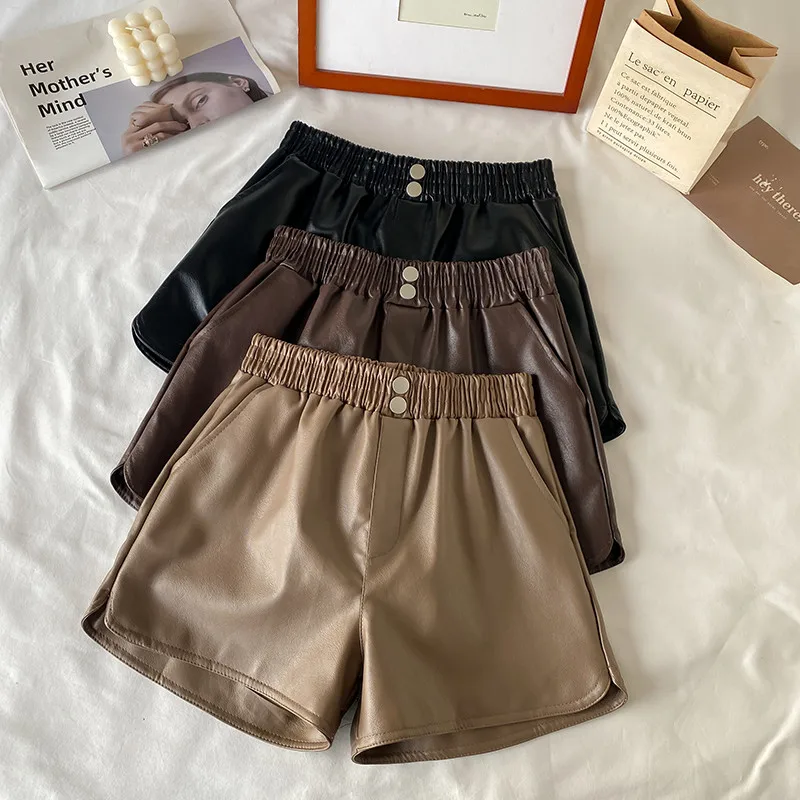 

Эластичные Широкие велосипедные шорты с высокой талией, Демисезонные женские шорты из искусственной кожи, женские повседневные женские шорты больших размеров, черные C8011