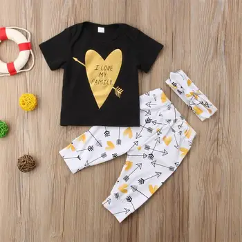 

2020 Spring Baby Girl Cotton short sleeve I love my family print t-shirt + Pant + Headband 3pcs Outfits set
