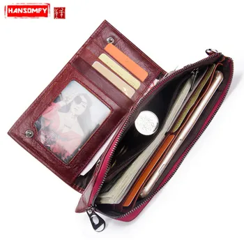 

Fashion Genuine Leather Ladies Women Long Wallet Clutch Card Coins Purses RFID Anti-magnetic Leisure Top Layer Leather Female