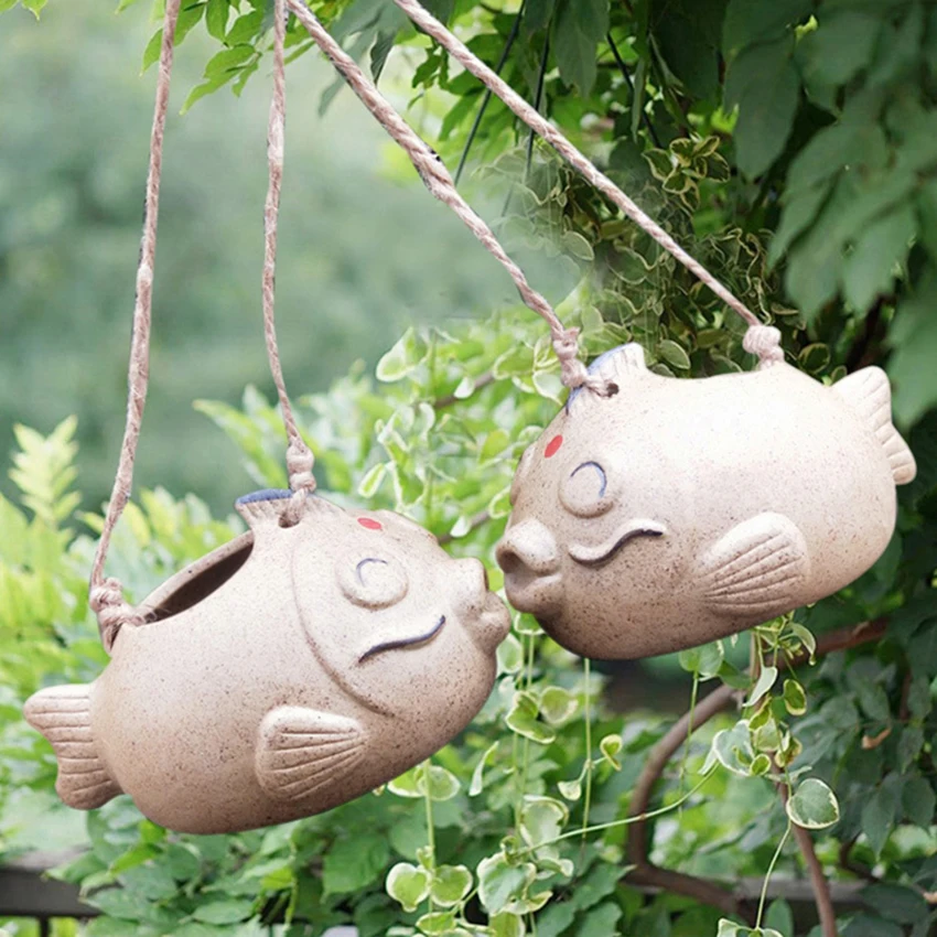 

2019 New Creative Fish Shape Garden Hanging Flower Pot Ceramics Potted Plant Small Flower Pot Inverted Planter Garden Decoration