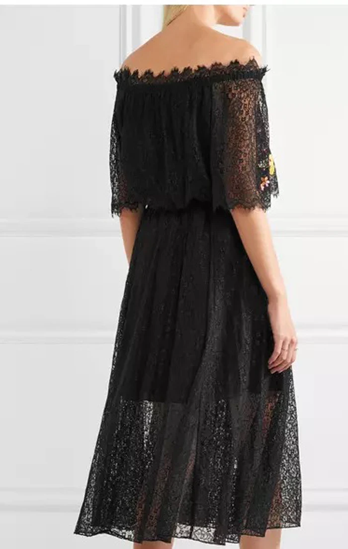 Zhao Liying Celebrity Style off-Shoulder Bell Sleeve Embroidered off-Shoulder Lace Dress Long Skirts Princess Dress Women's Fash