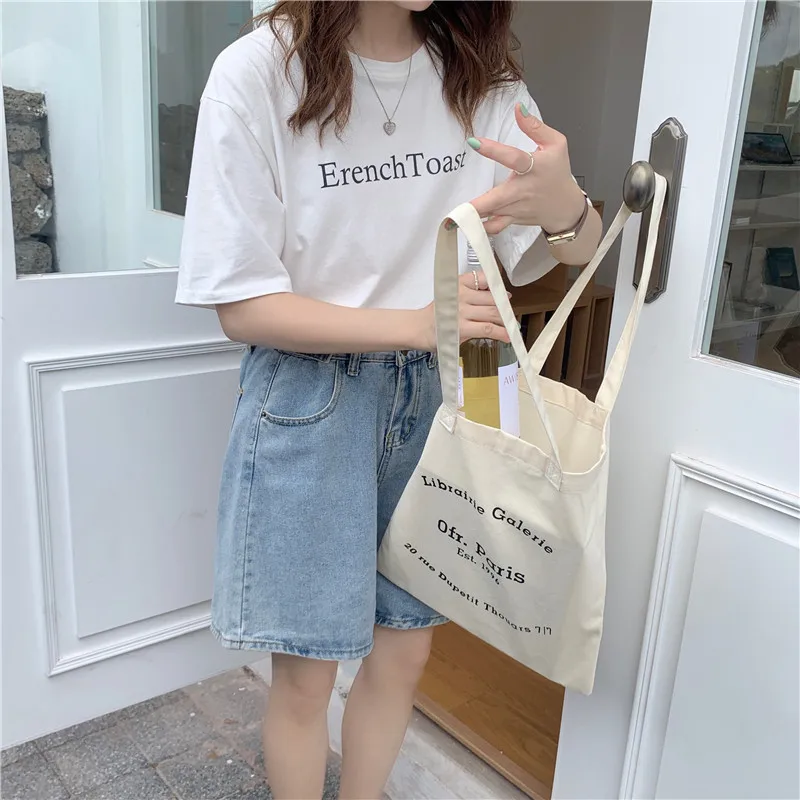 Women Canvas Shoulder Bag Paris Letters Print Shopping Bag Eco Cotton Linen Shopper Bags Cloth Fabric Handbag Tote For Girls