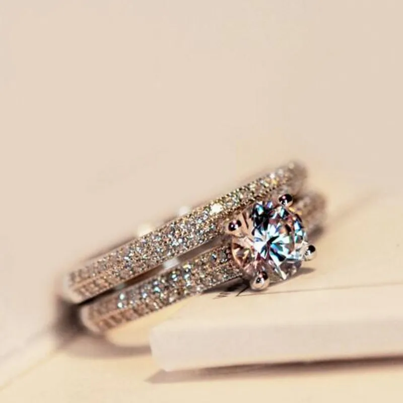 Luxury Female Crystal Bridal Ring Set 2-in-1 Fashion 925 Silver Wedding Band Jewelry Promise Love Engagement Rings For Women | Украшения и