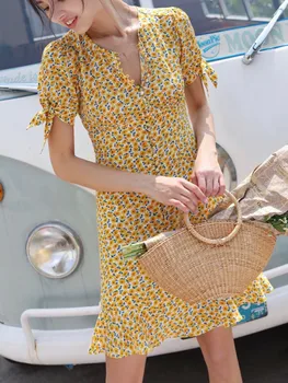 

Retro Daisy Women Mini Dress 2020 New Summer Lace-up short sleeve ruffles short dresses female sundress clothing with buttons