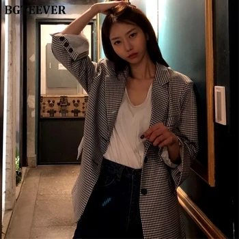 

Stylish Single-breasted Plaid Women Blazer Workwear Full Sleeve Jackets Vintage Female Suit Coat Feminino Blazers Outerwear 2019