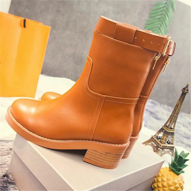 Botas mujer invierno/ г.; женская обувь; ботинки на среднем каблуке на молнии с пряжкой; scarpe donna; женские ботильоны с плюшем и круглым носком - Цвет: AS SHOW-Plush