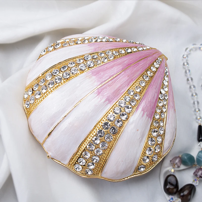 

H&D Hand-painted Large Shell Jewelry Trinket Box Hinged Ring Holder Figurine Pink Jewelry Organizer Container Home Wedding Decor