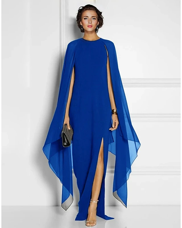 

Beautiful Royal Blue Engagement Formal Evening Dress Long Chiffon with Draping Cap Sleeves Split Prom Gowns robe de soriee