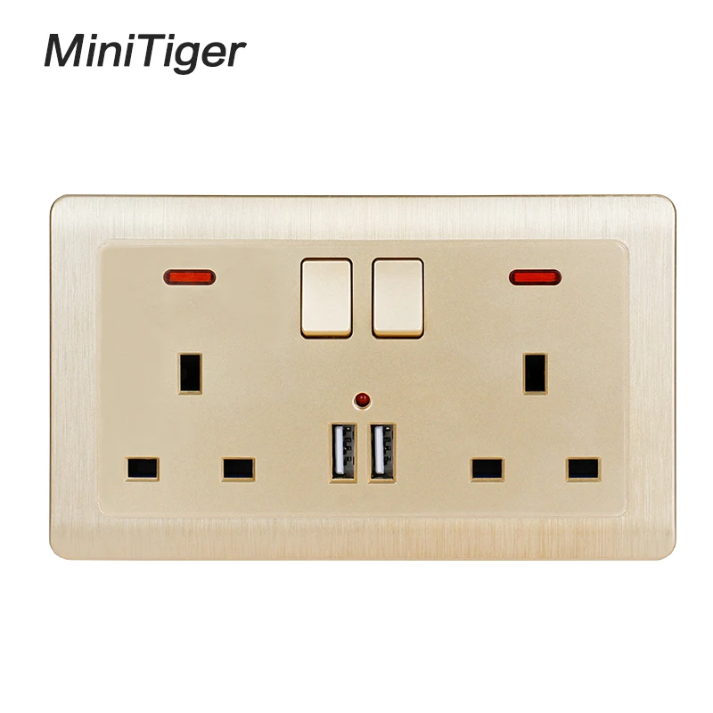 

Minitiger Wall Power Socket Double UK Standard Outlet Switched 2.1A Dual USB Charger Port LED indicator 146mm*86mm Gold Color