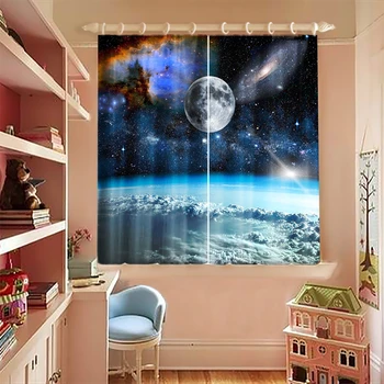 

Cartoon Blue Planet Spaces Printed Blackout Curtains for Children Room Thickened Fabric Bedroom Short Curtains Customizable