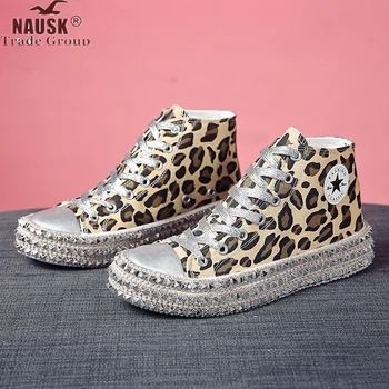 

Size 35~43 Women Sneakers Sexy Leopard Print Fashion Rivets Women Canvas Shoes Leisure Lace-Up High Top Sneakers Tenis Feminino