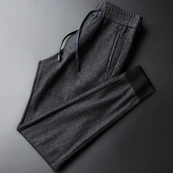 

Wool Mens Luxury Elastic Waist Casual Sport Man Pants Autumn And Winter Slim Fit Light Gray Male Trousers