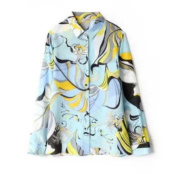 

Blusas Femininas Elegante Real Silk Womens Tops Print Turn-down Collar 2020 Spring Chiffon Blouse Korean Fashion Clothing