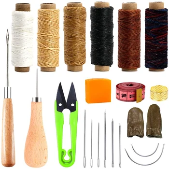 

LMDZ 21 Pieces Leather Sewing Tools, 6 Color Waxed Thread with Leather Sewing Needles Big Eye Needles Curved Needles Awl