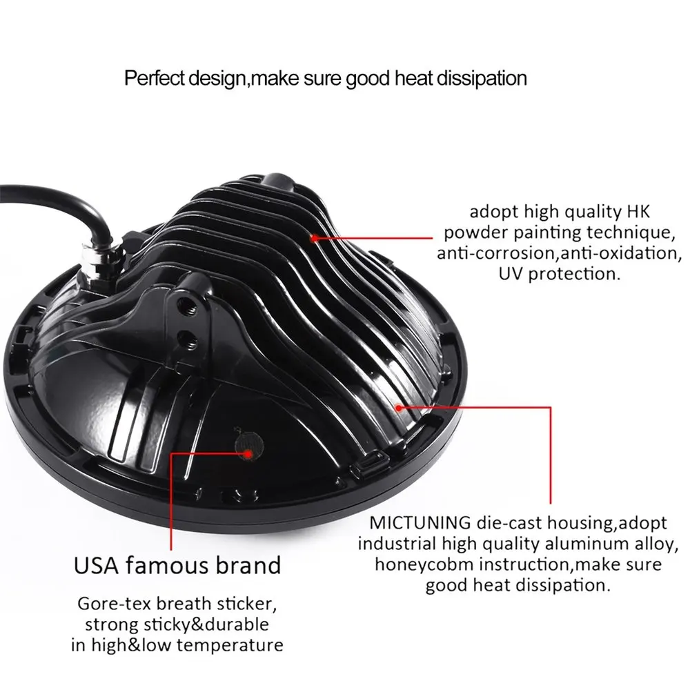 

Black High Performance Hi / Low beam UV-Resistant 7inch Round LED Headlight 7500LM High/Low Beam Head Light with Bulb for DRL