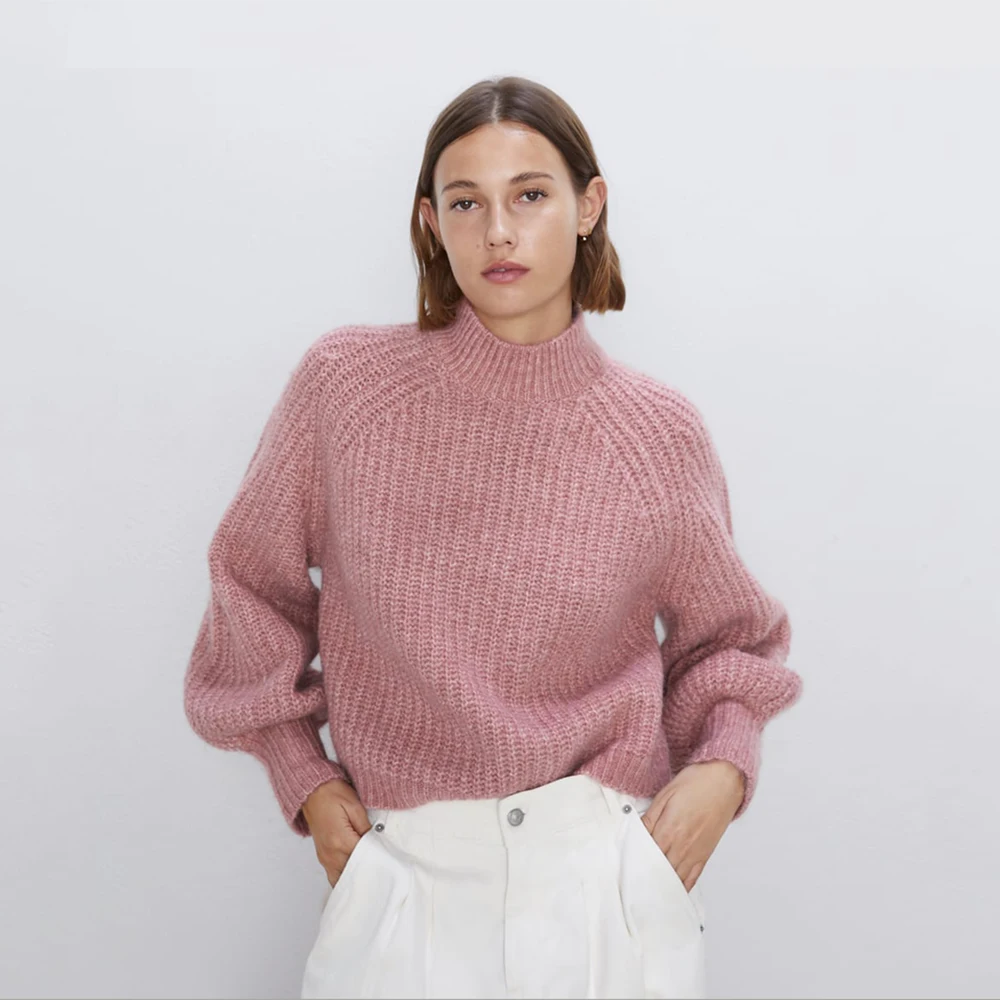 2019 ZA New Winter Hippocampus Sweater Puff Sleeve Half Turtleneck Long Knitwear Pullover Elegant Casual Solid Sweaters | Женская одежда