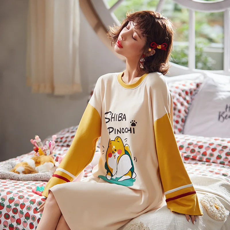 Женская Повседневная Пижама большого размера 3XL с принтом из мультфильма, осенняя Хлопковая пижама, сексуальная женская ночная рубашка