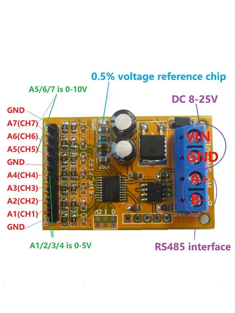 R4AVA07 7 канальный RS485 аналоговый коллектор напряжения ADC Modbus RTU 03 06 код функции