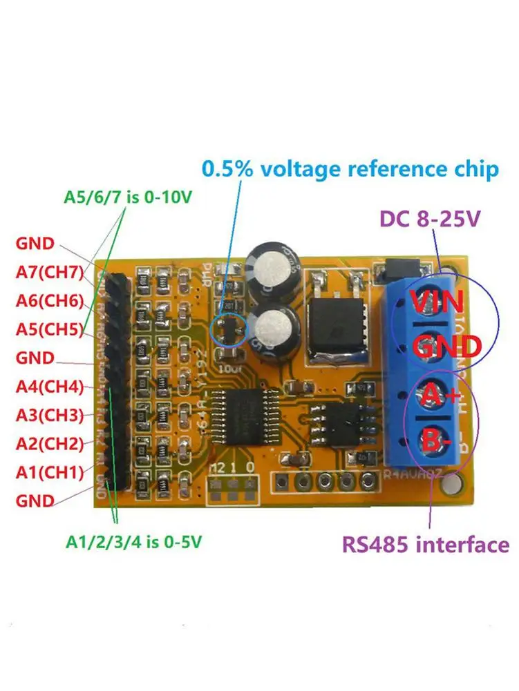 R4AVA07 7 канальный аналоговый коллектор напряжения RS485 ADC Modbus RTU 03 06 функциональный