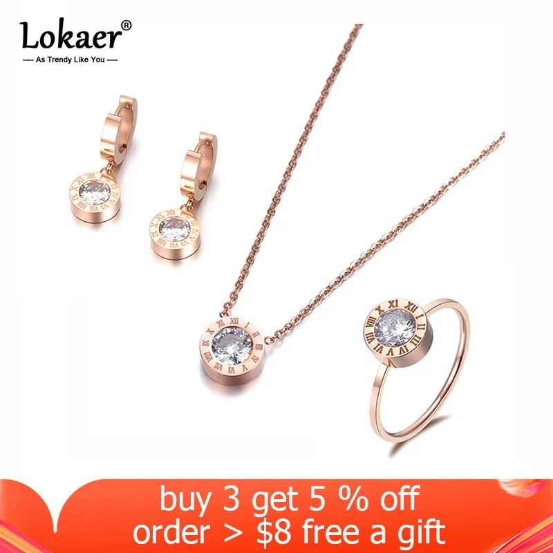 Lokaer Classic Round 2Ct Cubic Zirconia Pendant Necklace Earrings Ring Jewelry Sets Titanium Steel For Valentine’s Day SE007R