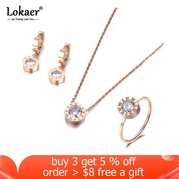 Lokaer Classic Round 2Ct Cubic Zirconia Pendant Necklace Earrings Ring Jewelry Sets Titanium Steel For Valentine’s Day SE007R