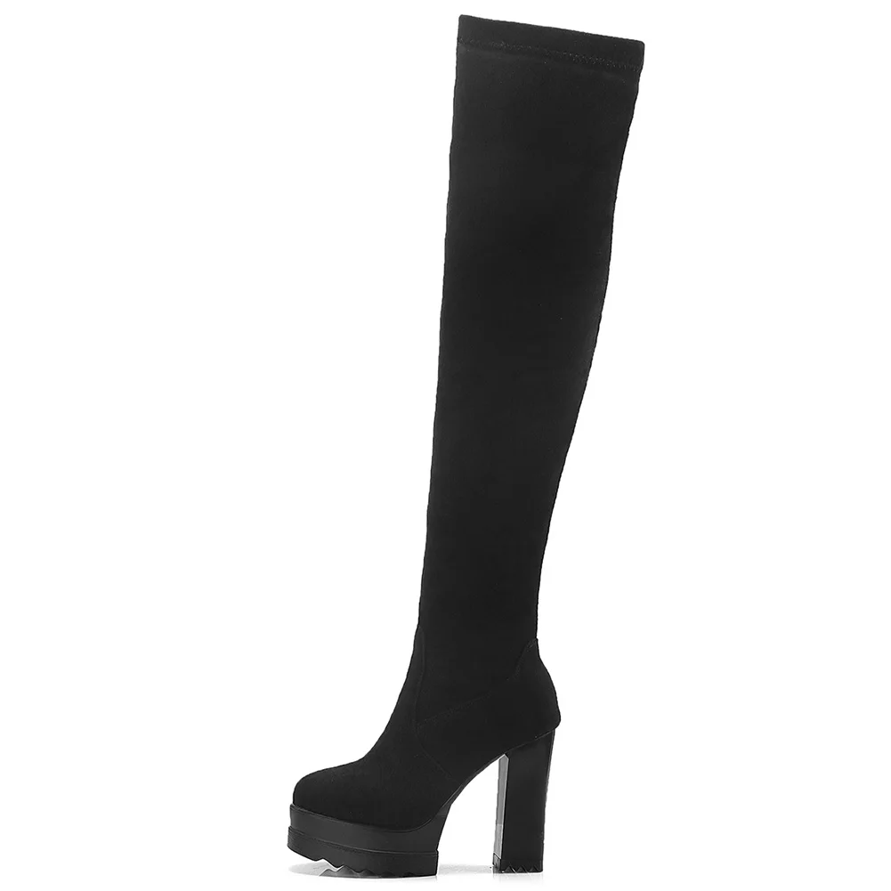 ALLENLYNN Over The Knee Thigh High Stretch Boots For Women Square High Heels Platform Auutmn Winter Shoes Woman Knight Boots