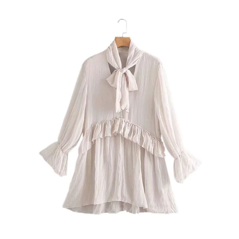 

CS612 Women New Design Ribbon Bowknot Flare Sleeve Ruffles Deco Loose Design Wrinkle Chiffon Blouse