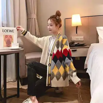 

Fashion Women Knitted Cardigan Sweater Jacket Argyle Pattern Girl Soft Joker Sweater Pocket Cardigan Coat Female