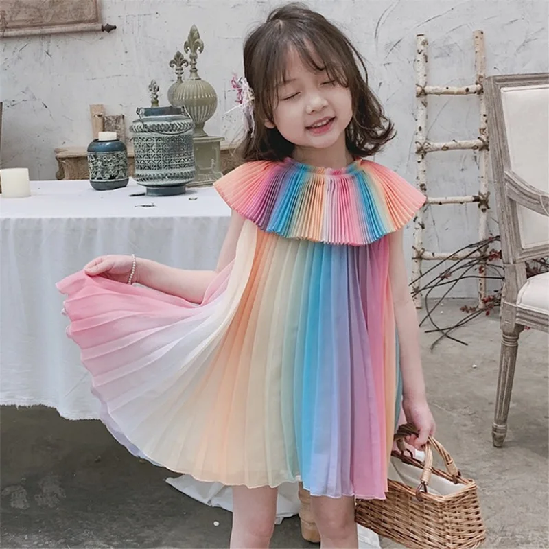 

XINI MOMMY 2020 Summer Girls' skirt rainbow Pleated Dress Cotton princess dress A-Line girls party dress Patchwork Y229