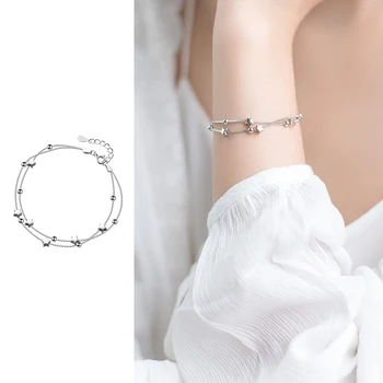 

Mocanie Genuine 925 Sterling Silver Double Layer Light Beads Cute Stars Box Chain Bracelet for Women Link Chain Fine Jewelry