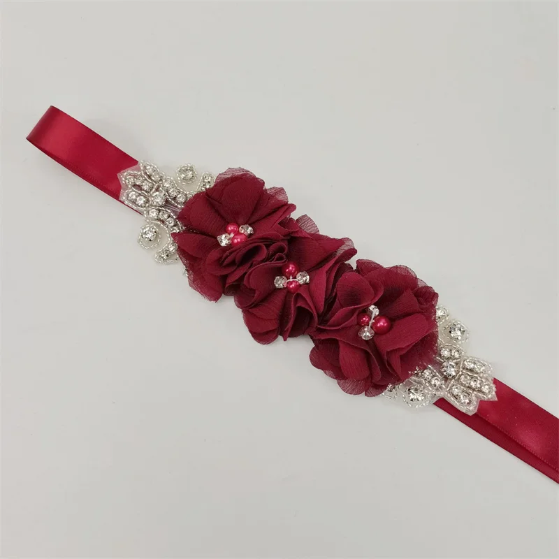 Pearl Rhinestone chiffon fabric flower Bride Belts with Long Polyester Ribbon Girls Wedding Sashes Floral Belt Dress Decor