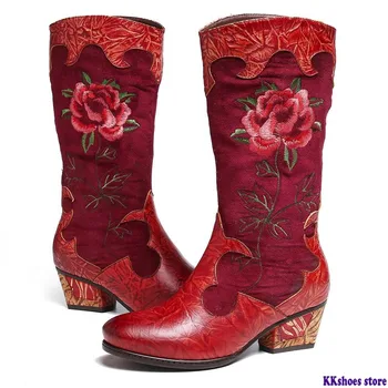

Retro Embroidered Boots Rose Genuine Leather Stitching Low Heel Mid Calf Boots Ladies Shoes Women Botines Mujer 2020
