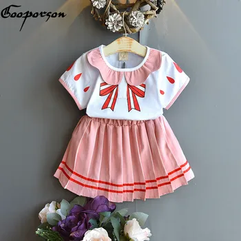 

Gooporson Cute Kids Clothes Lotus Leaf Round Collar Top&Pleated Skirt Fashion School Little Girls Clothing Set Summer Outfits