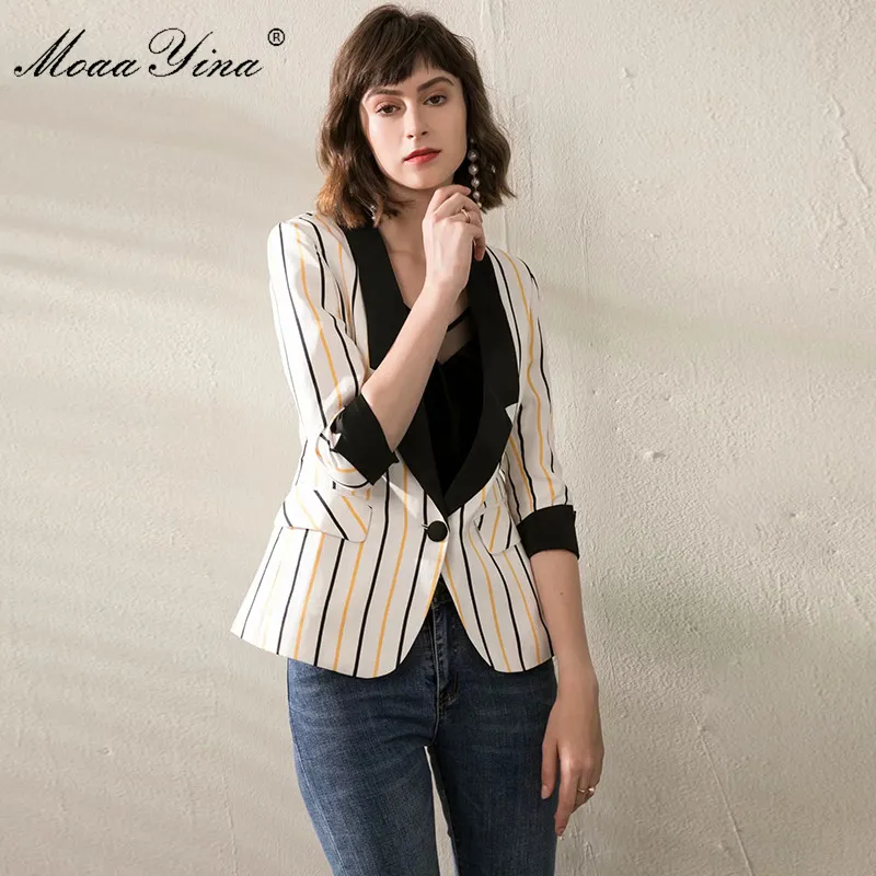 

MoaaYina High Quality Fashion Suit jacket Spring Autumn Women Stripe Suit jacket