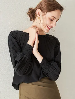 

Black Silk Shirt Women's Long-Sleeved Shirt 2020 Autumn New Sleeve Embroidered round Neck Silk Shirt Dropshipping