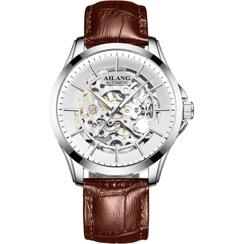 AILANG прозрачный корпус из розового золота роскошный Повседневный дизайн коричневые кожаные мужские часы лучший бренд роскошные механические часы со скелетом - Цвет: Silver White