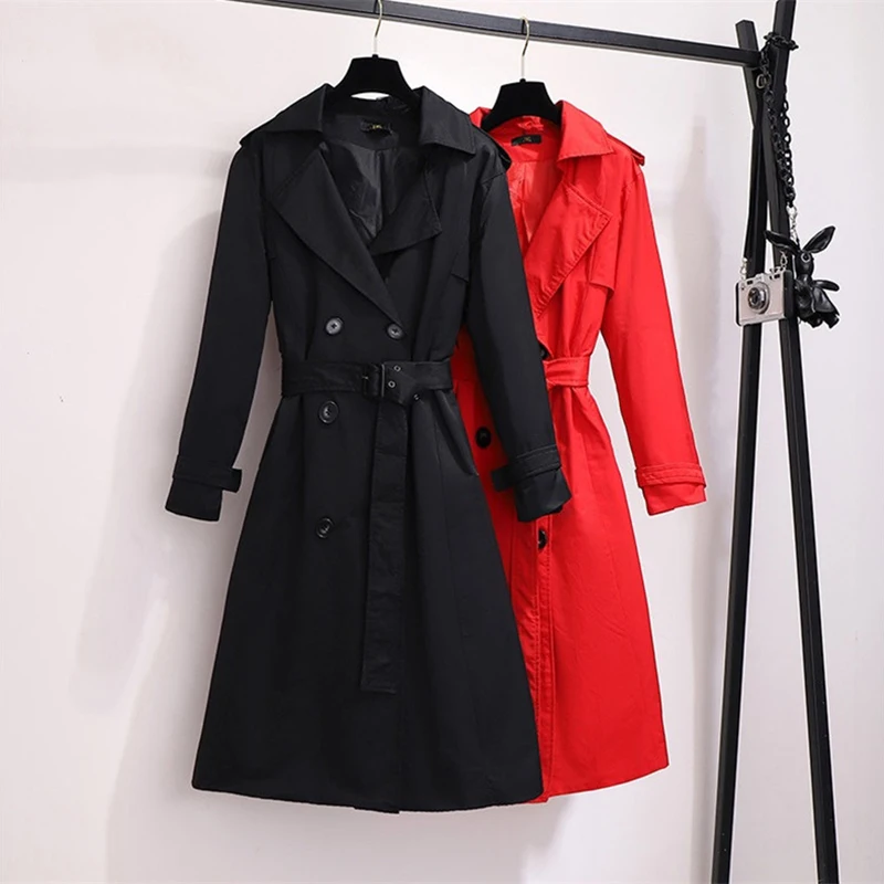 

Женская ветровка с поясом, весна-осень 2022, корейский Свободный женский темпераментный длинный тренчкот, верхняя одежда красного и черного цвета, 2XL-6XL, 1722