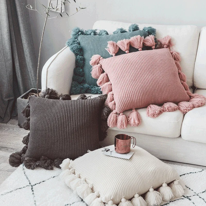 Oure color Pink Knitted Cushion Cover With Tassels Boho Fringe Accent Pillow Case 45x45cm Home sofa Decorative drop shippng Oure color Pink Knitted Cushion Cover With Tassels Boho Fringe Accent Pillow Case 45x45cm Home sofa Decorative drop shippng