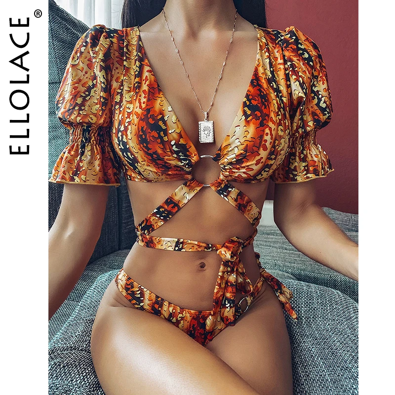 

Ellolace Swimsuit 2020 Bikini Women's Swimsuit Deep-V Bandage Lace Up Two-Piece Swimsuit Short Sleeve Fashion Bathing Suit