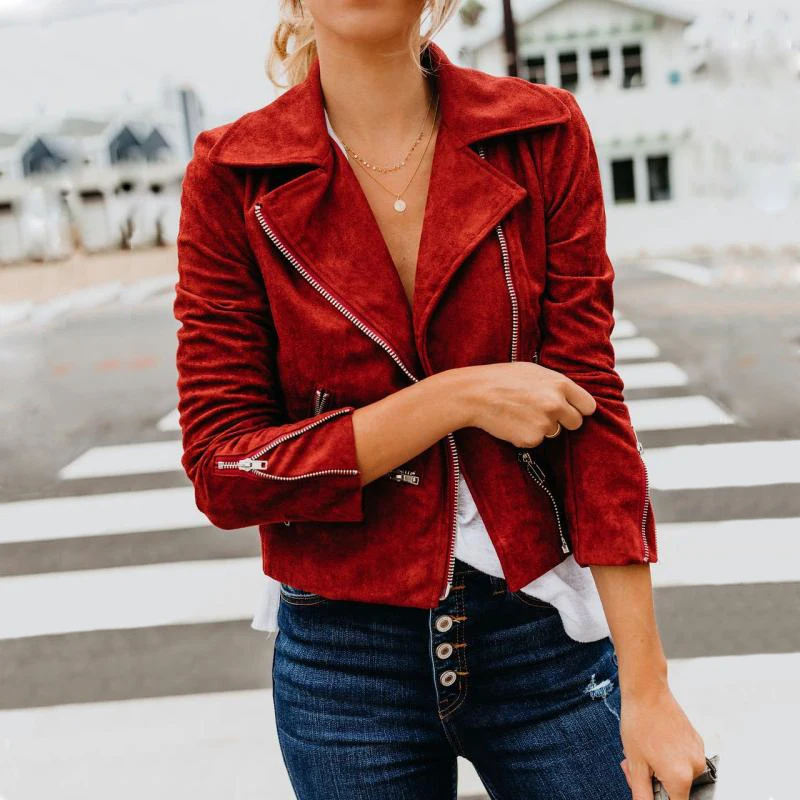discounted  Womens Faux Suede Short Velvet Jacket Moto Biker Zip Up Slim Jackets Motorcycle Polyurethane Leathe