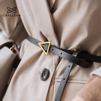 

Luxury brand fashion designer ladies belt dress pin buckle triangle gold buckle PU leather ladies trousers ladies fine belt 413